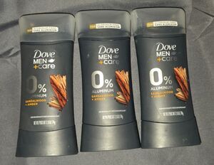 Lot of 3 Dove Men + Care Sandalwood + Amber Deodorant New 72 Hour 0% Aluminum